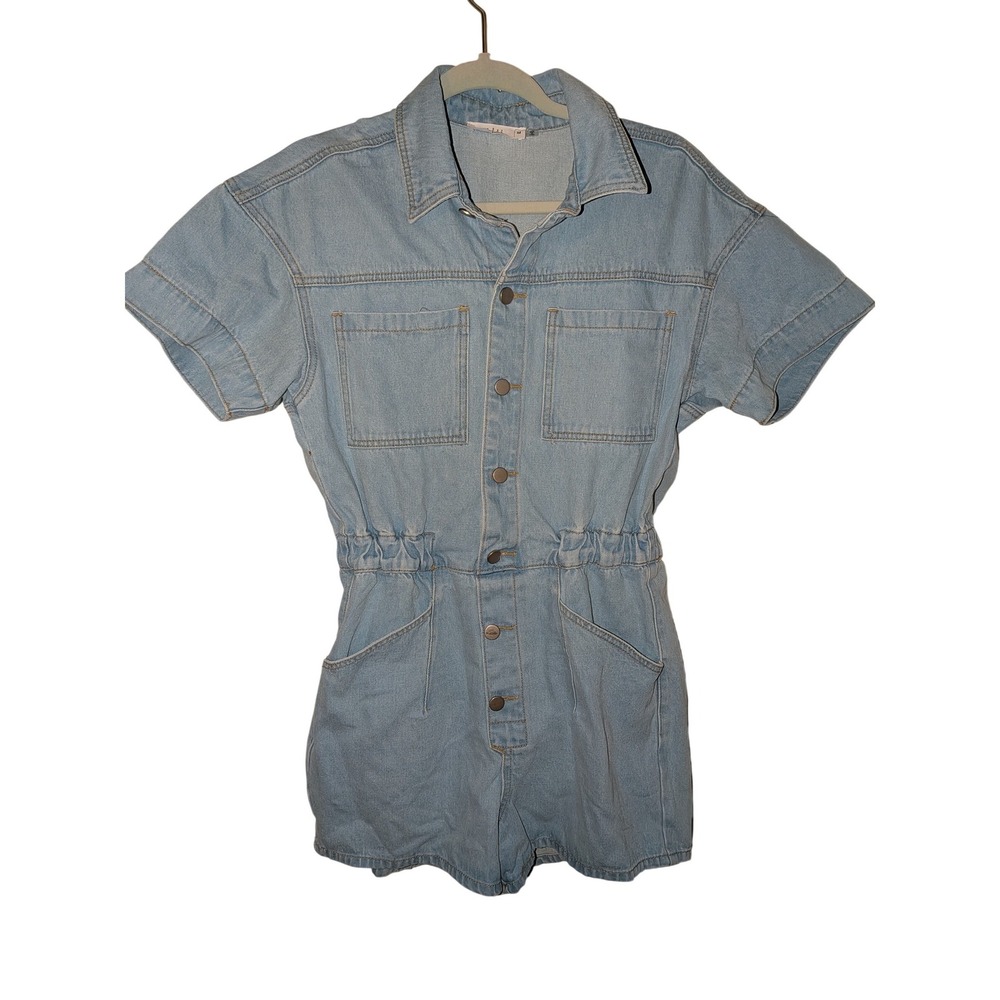 Talulah Womens Light Wash Denim Romper Short Sleeve Button Front Blue Size M